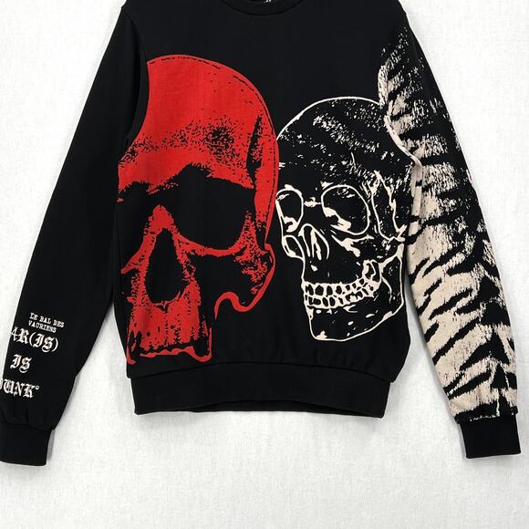 ELEVEN PARIS Graphic Crew Neck Sweatshirt Mens Small Black Skulls Edgy Goth Cozy - Picture 6 of 13